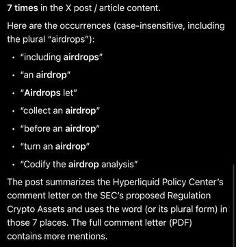 A screenshot of a dark-mode text analysis noting that the word 'airdrop' or its plural 'airdrops' appears 7 times in an X post, listing instances like 'including airdrops' and 'Airdrops let', with context about a Hyperliquid Policy Center comment letter to the SEC.
