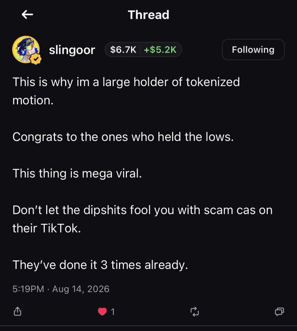 A screenshot of a Thread post by user "slingoor" displaying a portfolio value of $6.7K (+$5.2K), where he explains why he's a large holder of tokenized "motion" and congratulates those who held through the lows, dismissing scam cashout accusations on TikTok. The post aligns with the accompanying context promoting $MOTION on the pumpfun app as a viral catalyst for his meme coin portfolio.