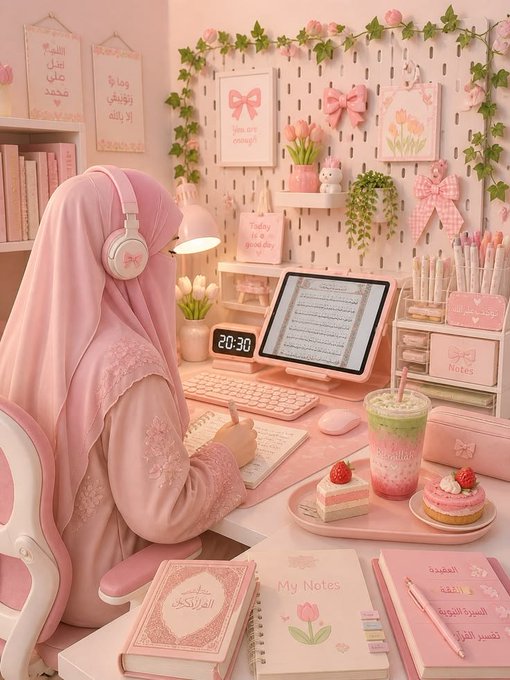 An AI-generated image depicting a young woman in a pink hijab and lace-trimmed dress, wearing headphones and writing at an elaborately decorated desk with Islamic calligraphy, pastel desserts, and a tablet showing Arabic text.
