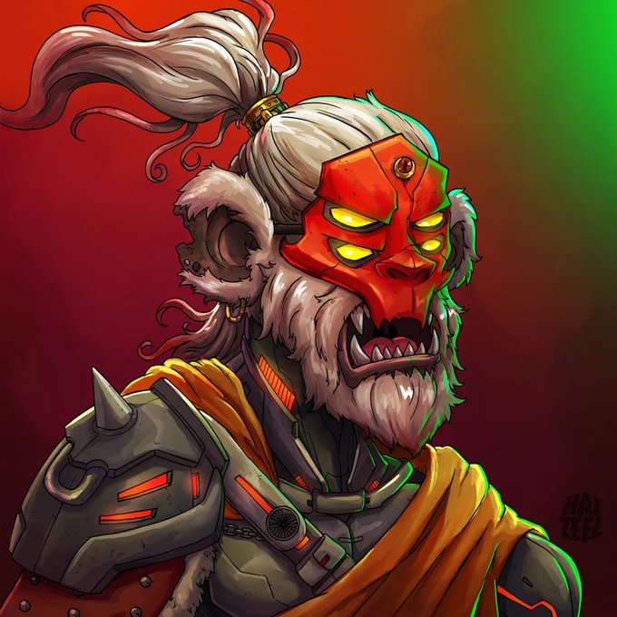 A digital illustration of a fierce anthropomorphic monkey character wearing a red demonic oni mask with glowing yellow eyes, featuring white hair tied in a topknot, cybernetic armor on the shoulder, and a yellow scarf against a red background.
