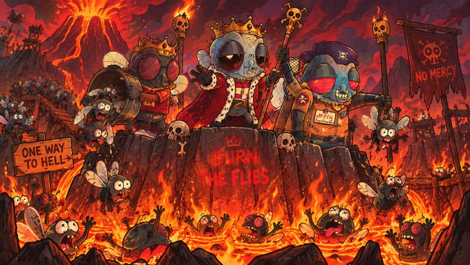 A fiery, chaotic illustration depicts zombie-like flies wearing crowns and military uniforms holding skull-topped scepters above a burning pit, with signs reading 'ONE WAY TO HELL', 'BURN THE FLIES', and 'NO MERCY'.