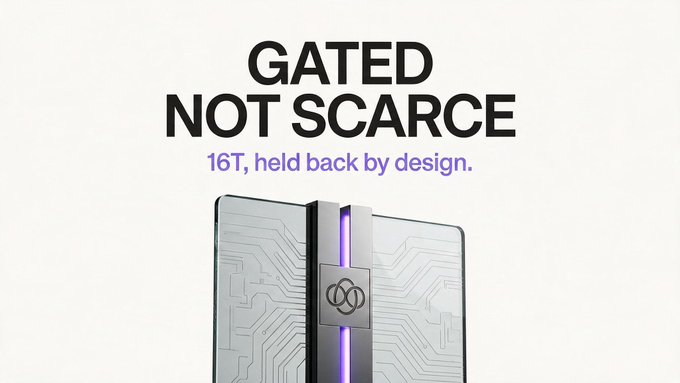 A sleek, transparent electronic device with glowing purple circuit patterns and a central metallic latch with interlocking rings appears beneath the bold text "GATED NOT SCARCE" and the tagline "16T, held back by design." The imagery of a locked, high-tech vault visually reinforces the post's message that a $16 trillion market is artificially restricted by gating mechanisms and minimum thresholds rather than genuine scarcity, symbolizing how retail investors are locked out by design rather than risk.