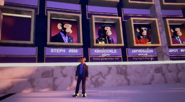 An animated scene shows a man in a blue suit standing before a wall of framed portraits labeled 'STEPH #68', 'KNI...CKLE', and 'JAYGOLADIA'.