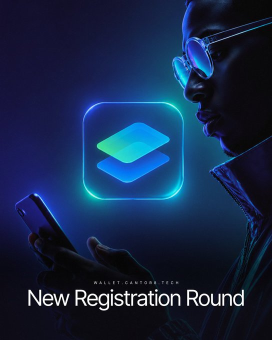 A promotional advertisement showing a man in glasses looking at his phone, with a glowing blue app logo and text reading "WALLET.CANTORB.TECH" and "New Registration Round".