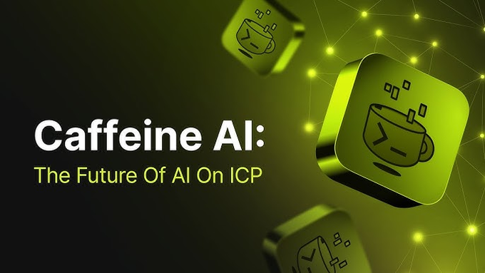 A promotional graphic titled "Caffeine AI: The Future Of AI On ICP" featuring green coffee cup icons on a dark background.