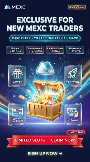 A promotional banner for MEXC offering 'EXCLUSIVE FOR NEW MEXC TRADERS' with 'CARD OFFER + 20% LIFETIME FEE CASHBACK', listing benefits like 'Airdrop+ -> $15 Fixed', 'Super Reward -> Up to $200', 'Card First Trade -> $5 Fixed', and 'Fiat Deposit -> $1-$200'.