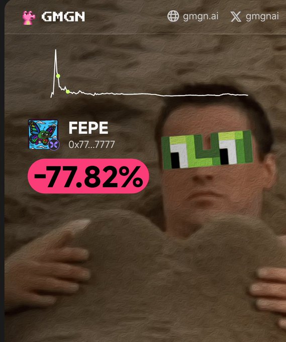 A graphic from GMGN (gmgn.ai) showing a token named "FEPE" with a -77.82% drop, featuring a distorted face emerging from sand with pixelated green sunglasses.