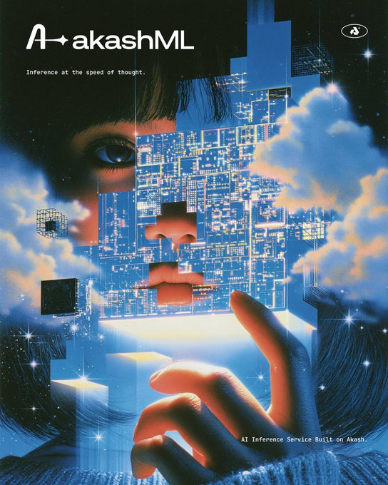 Futuristic, retro-style collage artwork for 'akashML' featuring a woman's face overlaid with circuitry, clouds, and stars, with the tagline 'Inference at the speed of thought' and 'AI Inference Service Built on Akash.'