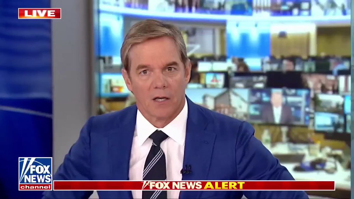 A male news anchor in a blue suit and striped tie delivers a "FOX NEWS ALERT" broadcast, with a "LIVE" badge in the upper left corner and the Fox News channel logo at the bottom left.