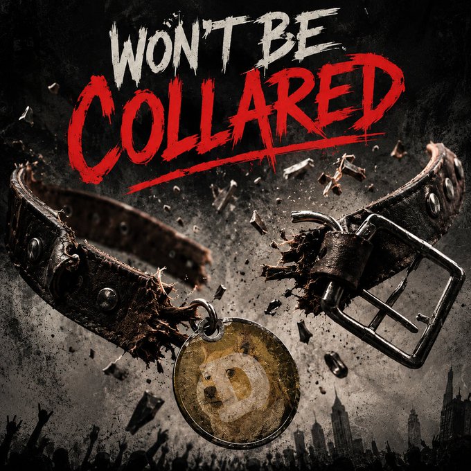 An album cover or poster featuring a broken leather dog collar with a Bitcoin coin tag, beneath the text "WON'T BE COLLARED" against a dark, grungy background.