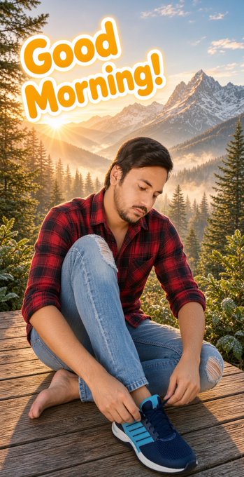 A 'Good Morning!' greeting image shows a man in a red plaid shirt and jeans tying his shoe, set against a scenic mountain landscape with a sunrise.