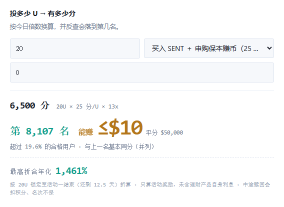 A Chinese-language savings calculator interface showing a deposit of 20U yielding 6,500 points, ranking 8,107th with earnings under $10 and a maximum split annualized rate of 1,461%.