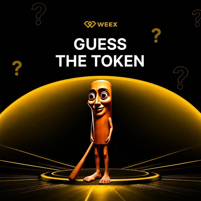 A promotional giveaway image for WEEX featuring a cartoonish wooden character with a smiling face standing on a glowing platform, with "WEEX" logo and "GUESS THE TOKEN" text displayed prominently amid question marks, inviting users to participate in a trending coin guessing contest to win a share of 50 USDT by commenting their answer and tagging friends.
