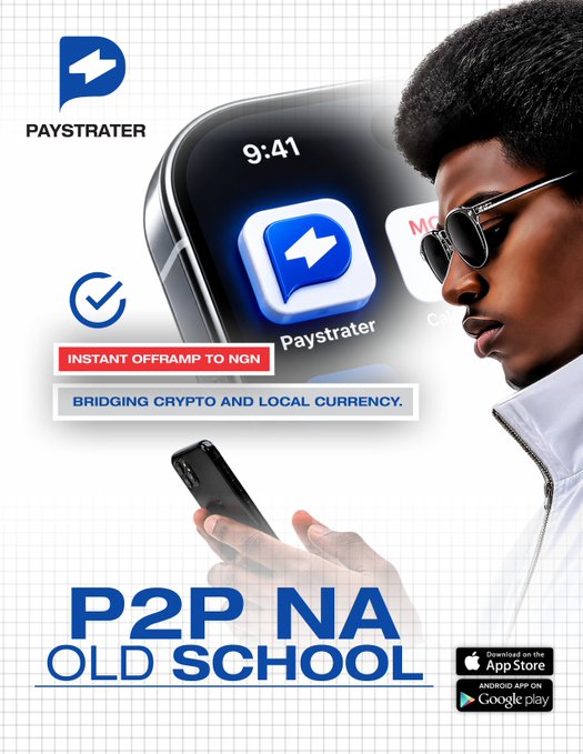 An advertisement for the 'Paystrater' app featuring a man in sunglasses looking at a smartphone, with text reading 'BRIDGING CRYPTO AND LOCAL CURRENCY,' 'P2P NA OLD SCHOOL,' and App Store/Google Play download badges.