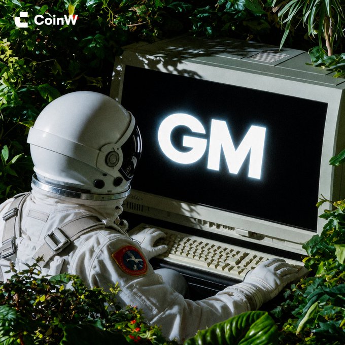 An astronaut in a white suit sitting at an old CRT computer terminal displaying 'GM' in glowing letters, surrounded by lush green foliage, with 'CoinW' watermarked in the top left.