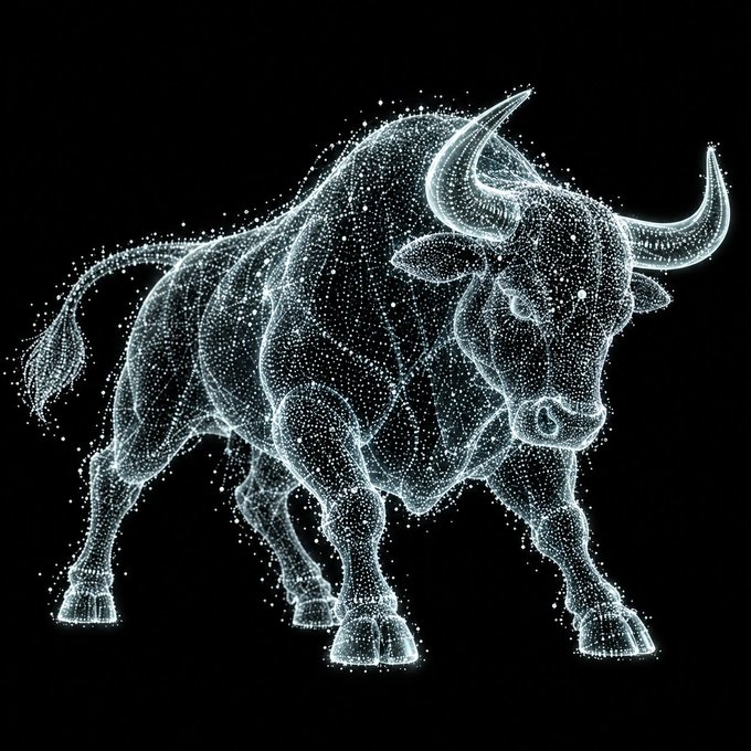 A digital wireframe illustration of a charging bull constructed from glowing blue particles and dots against a black background.