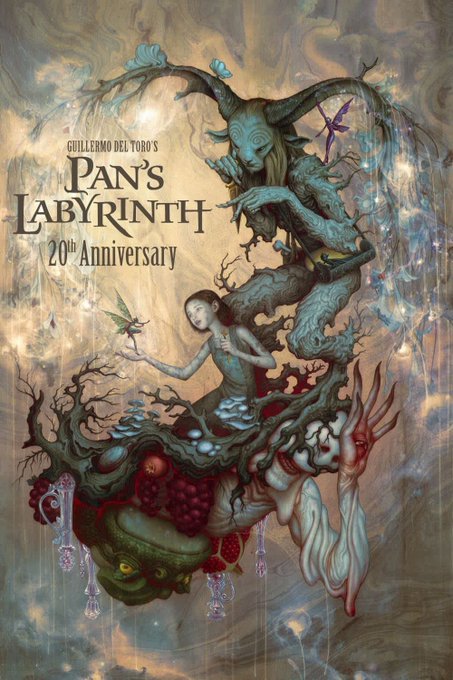 A movie poster for "Guillermo del Toro's PAN'S LABYRINTH 20th Anniversary," featuring intricate fantasy artwork with the Faun and Pale Man.