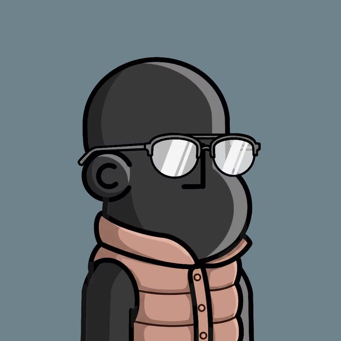 A cartoon figure wearing sunglasses and a tan puffer vest looks sideways in a cool pose, complementing the post's "found my first NPC" theme of adding a new collectible to the lineup.