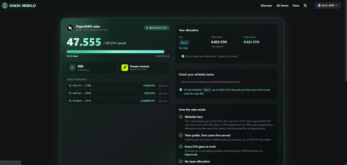 A screenshot of the DNOS World website showing a 'PaperDAO raise' campaign, with 47.555 / 50 ETH raised (95.1%) and 503 contributors.