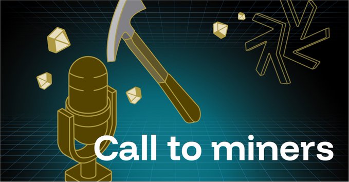 The image features a stylized illustration with a gold microphone, pickaxe, floating gold blocks, and an outlined starburst graphic on a dark grid background, overlaid with the bold white text "Call to miners." The visual directly ties to the post's message by symbolically representing an open invitation—via the microphone and pickaxe imagery—for active Kaspa (KAS) miners to engage in conversation about their operational and financial practices.