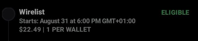 The image shows a wirelist notification marked "ELIGIBLE" for a $22.49 sale starting August 31 at 6:00 PM GMT+01:00, with a limit of 1 per wallet, likely related to the upcoming @PoweredByVolt launch mentioned in the post.