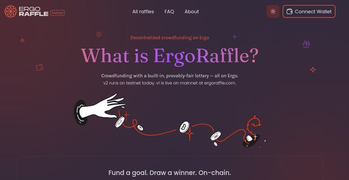 A website screenshot for 'ErgoRaffle' (Decentralized crowdfunding on Ergo), with the headline 'What is ErgoRaffle?' and the tagline 'Fund a goal. Draw a winner. On-chain,' featuring an illustration of a gloved hand with coins.