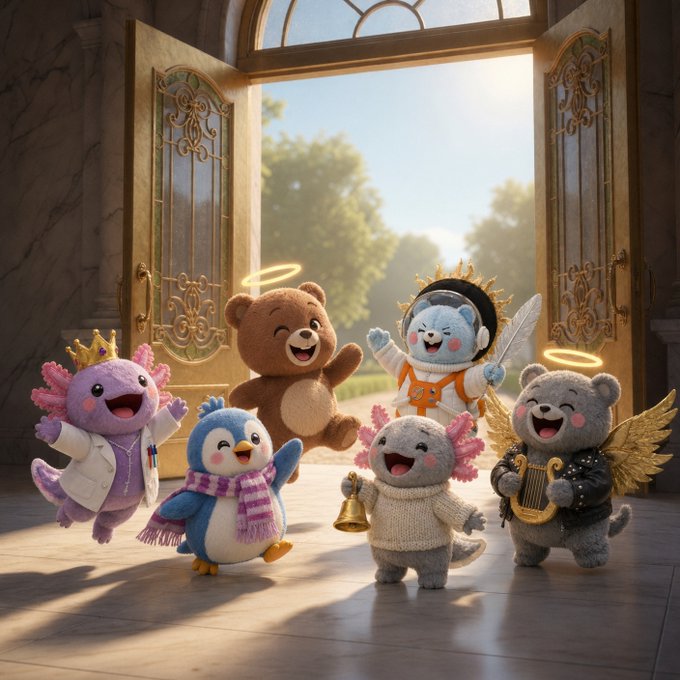 A group of cheerful, plush-style cartoon creatures wearing crowns, halos, sweaters, and scarves gather joyfully in front of an ornate open doorway.