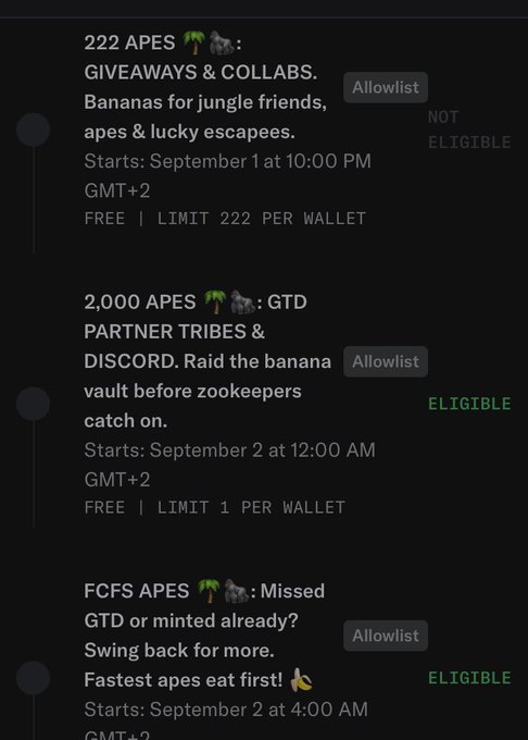 A mobile app screen showing NFT mint events including '222 APES' (Not Eligible), '2,000 APES: GTD PARTNER TRIBES & DISCORD' (Eligible), and 'FCFS APES' with allowlist buttons.