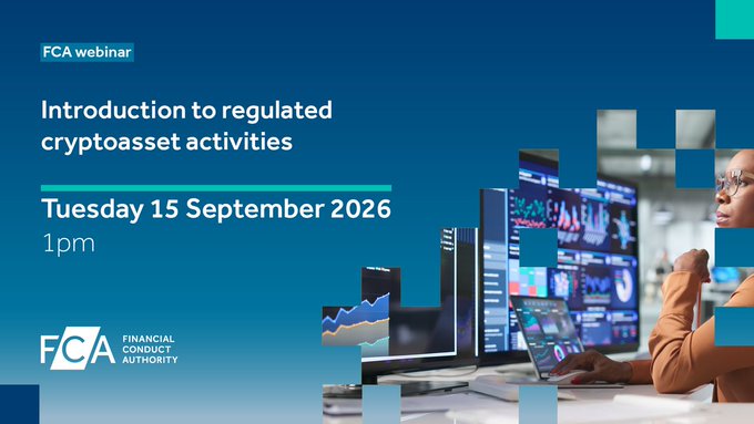 An FCA webinar announcement titled 'Introduction to regulated cryptoasset activities' scheduled for Tuesday 15 September 2026 at 1pm, hosted by the Financial Conduct Authority.
