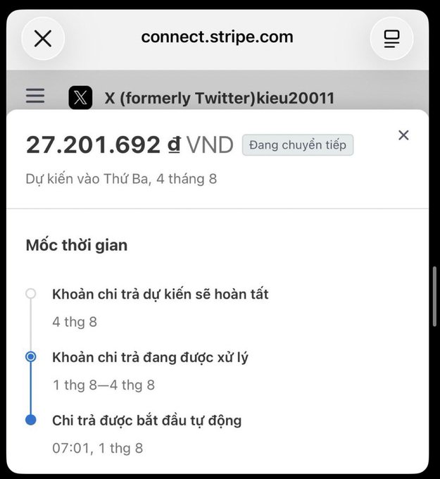 A Stripe payment screenshot shows a pending payout of 27,201,692 VND from X (formerly Twitter) to user "kieu20011", with an estimated arrival date of Tuesday, August 4th, visually confirming the 27 million VND salary from 14 days of work mentioned in the post.
