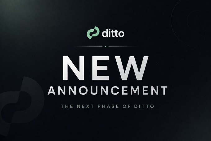 The image displays a dark-themed announcement graphic featuring the "ditto" logo at the top, with bold white text reading "NEW ANNOUNCEMENT" and the tagline "THE NEXT PHASE OF DITTO" below—directly mirroring the post's announcement about Ditto's expansion into vaults, prediction markets, smart money tools, and trading strategies.