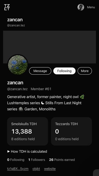 A Twitter/X profile page for generative artist 'zancan' (@zancan.ftez), showing bio details for a Member #61 of the TEZ community with Smolskulls TDH stats.
