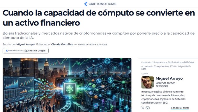 A Spanish-language news article from Criptonoticias titled 'Cuando la capacidad de cómputo se convierte en un activo financiero' by Miguel Arroyo, discussing traditional exchanges and crypto markets competing to price AI computing power.