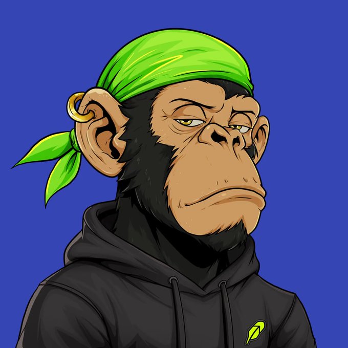 A cartoon-style illustration portrays a chimpanzee wearing a green bandana, a gold hoop earring, and a black hoodie against a solid blue background.