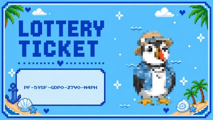 A pixel art 'Lottery Ticket' featuring a beach-themed penguin character and the code PF-5YSF-GDPO-Z7VO-N4PH.