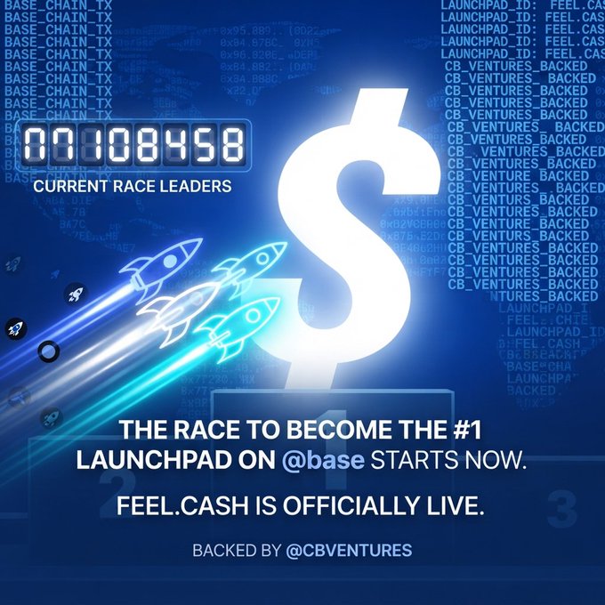 A promotional graphic for Feel.Cash features a large white dollar sign, rocket ship illustrations, and text reading 'THE RACE TO BECOME THE #1 LAUNCHPAD ON @base STARTS NOW. FEEL.CASH IS OFFICIALLY LIVE. BACKED BY @CBVENTURES'.