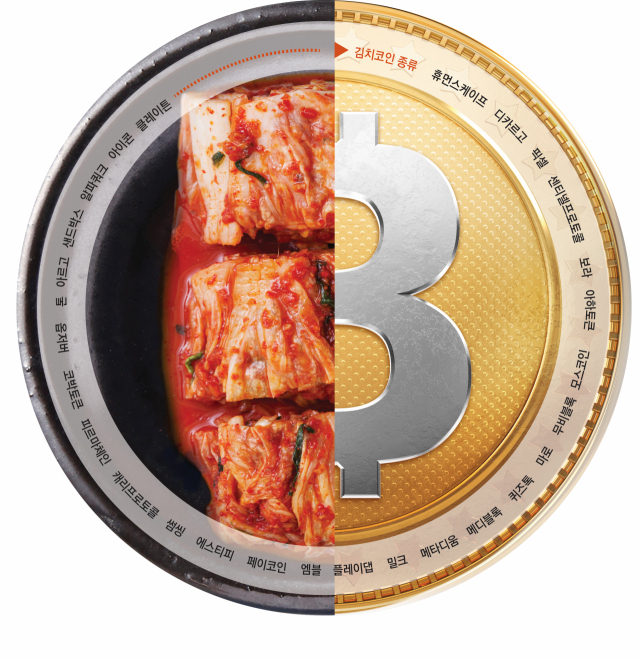A split-image Bitcoin coin, half golden and half silver, is overlaid with a photo of kimchi and surrounded by Korean text featuring "김치코인 총독" ("Kimchi Coin Governor").