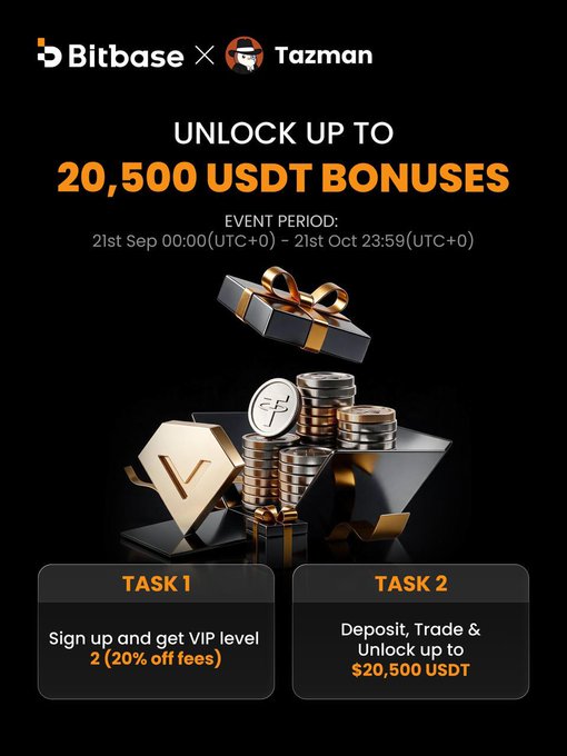 Bitbase x Tazman collaboration offering up to 20,500 USDT bonuses from September 21 to October 21, with a VIP sign-up task providing 20% off fees and a second task rewarding deposits and trades.