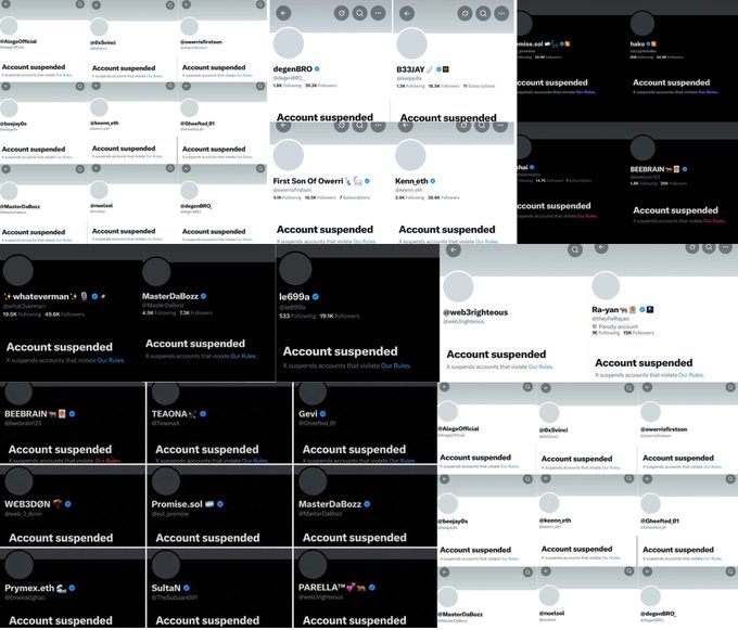 A grid of multiple X (Twitter) profile screenshots, all displaying "Account suspended" notices for various crypto influencers including @degengbro, @BEBRAIN, @MasterDaBozz, @Kem.eth, @First Son Of Owerri, @web3brighteous, @WCK3DON, @Promise.sol, @Sultal, @PARELLA, @teaona, @Geyi, @le699a, and others, with follower counts ranging from 9.7K to over 530K. The image visually illustrates the post's claim of mass suspensions among crypto KOLs, suggesting a coordinated purge or "genocide" of influential accounts in the space.