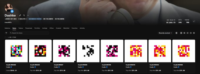 A screenshot of the NFT marketplace 'Join NFTs' showing a user named 'Dashke' with a gallery of colorful NFT items for $10.10 each.