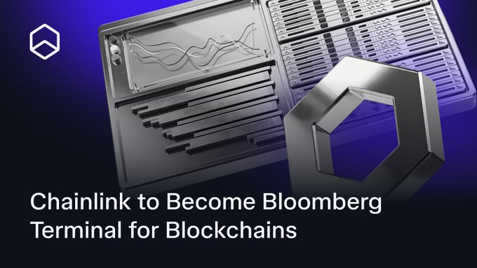 The image features an advertisement for Chainlink that promotes its use as a terminal for blockchain transactions, with a focus on providing all possible onchain and offchain data in one place. The text "Chainlink is going to become the Bloomberg Terminal for Onchain Data" suggests that this platform will serve as a centralized hub for accessing various types of blockchain information. The image also includes a hexagon-shaped coin symbol, which could be an advertisement for cryptocurrency or a representation of the Blockchain technology itself.
