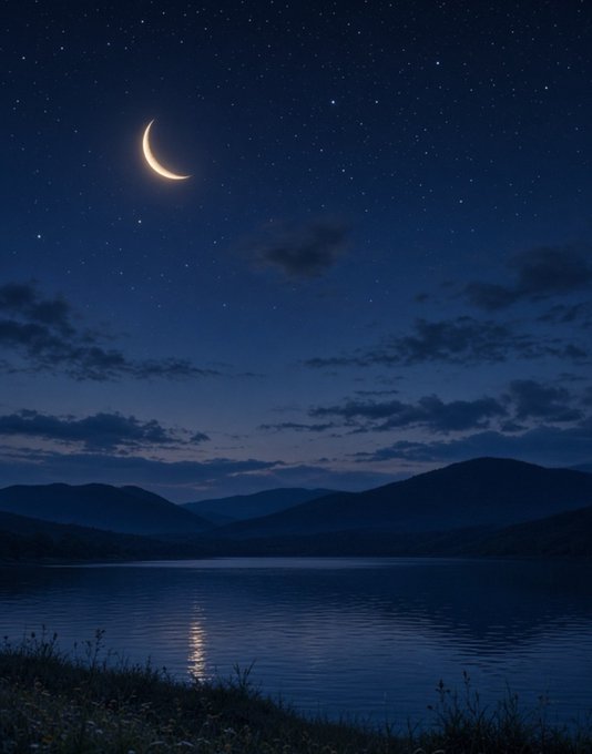 A serene nighttime landscape featuring a crescent moon and starry sky over a calm lake with silhouetted mountains in the background.