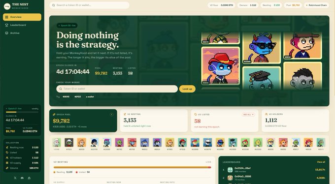 A screenshot of a cryptocurrency/NFT website called 'THE NEST,' displaying a banner that reads 'Doing nothing is the strategy' above an event countdown, with sections showing a 'STACK POOL' of $9,782, 'XP ROSTERS,' and 'LEADERBOARD' rankings.
