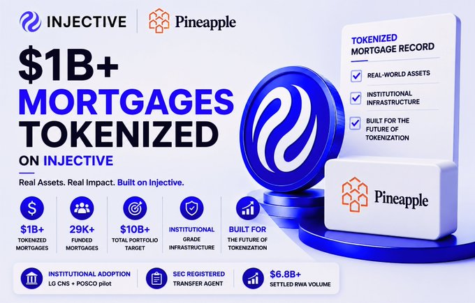 An infographic from Injective and Pineapple announcing '$1B+ MORTGAGES TOKENIZED ON INJECTIVE' highlighting statistics like '$1B+ Tokenized Mortgages', '29K+ Funded Mortgages', and '$10B+ Total Portfolio Target'.