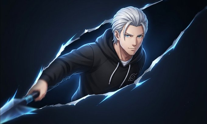 An animated illustration of a silver-haired man in a dark hoodie bursting through a torn dark surface with electric blue energy effects surrounding the cracks.