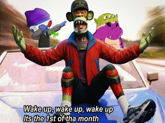 Surreal meme-style image featuring a central figure in a red jacket and black cap labeled "BORED APE YACHT CLUB" alongside other cartoon characters, with text reading "Wake up, wake up, wake up Its the 1st of tha month".