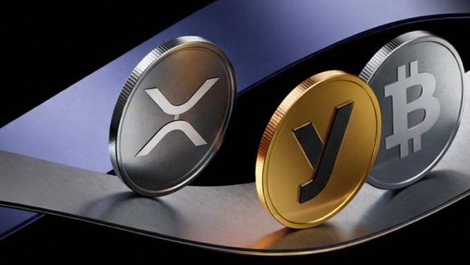 The image features three coins - a gold coin labeled "Y", two silver coins labeled "X" and "B", and a blue ribbon with various symbols placed above them, including XRP and Bitcoin logos. One of the coins is labeled "Y". The post suggests that there are alternatives to trading one token for another in cryptocurrency exchanges or peer-to-peer transactions. These alternatives could involve reusing tokens across multiple chains within a centralized network like Ripple or Bitcoin Cash by locking them down once and using their token to purchase other tokens, which can lead to efficient capital management and reduced costs compared to traditional exchanges that require constant locking and Unlocking of tokens on every trade.