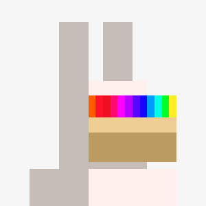Abstract geometric composition featuring gray and beige rectangular shapes with a horizontal rainbow color spectrum band.