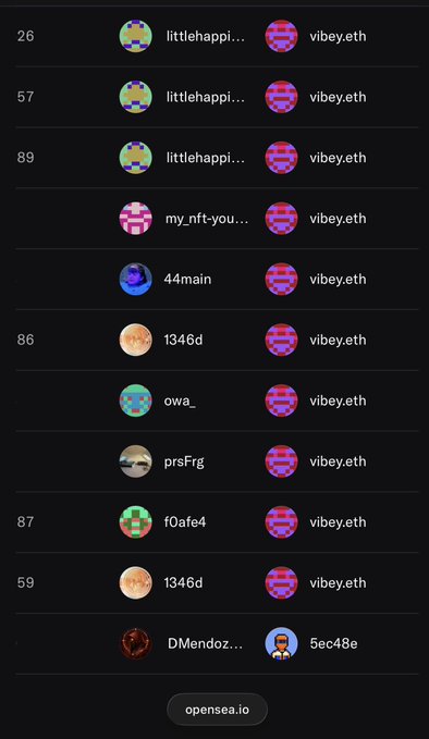 A screenshot of an OpenSea transaction history showing multiple NFT transfers involving accounts such as 'littlehappi...', 'vibey.eth', 'my_nft-you...', '44main', '1346d', 'owa_', 'prsFrg', 'f0afe4', 'DMendoz...', and '5ec48e' across various token IDs.