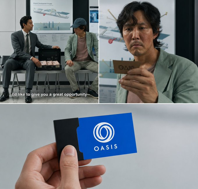 The image shows a man being offered a briefcase full of cash by a suited figure, then closely examining a small card labeled "OASIS," with the final frame zooming in on a blue and black Oasis Protocol business card.

This mirrors the post's theme of "privacy when it matters most" by visually suggesting a secret, confidential transaction—reinforcing Oasis's positioning as a blockchain where sensitive interactions stay private, unlike the fully transparent chains the post critiques.